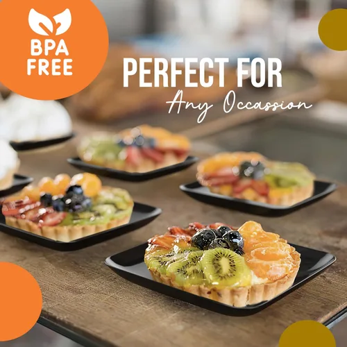 Vista 3 de Exquisite Mini platos de postre pequeños, paquete de 120 platos desechables negros de 2.4 x 2.4 pulgadas, pequeños de plástico sin BPA para bodas