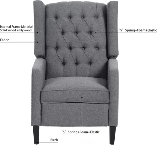 Vista 9 de Silla reclinable con respaldo ajustable, cómoda silla reclinable con respaldo ajustable, sillón de tela copetuda con remaches vintage para sala