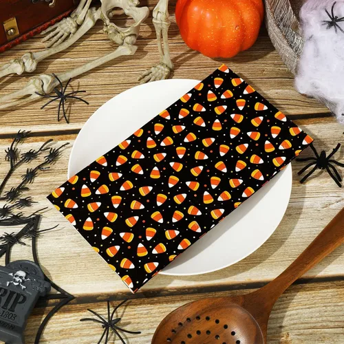 Vista 3 de Whaline Servilletas desechables para invitados de Halloween de 4.3 x 7.8 pulgadas, servilletas desechables de maíz caramelo naranja y negro