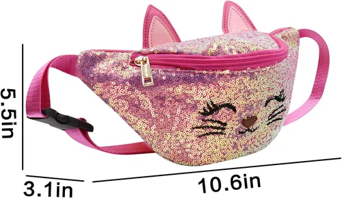 Vista 7 de Riñonera con lentejuelas con purpurina para niñas, cinturón ajustable, lindo gato, deportivo, bolsa de viaje para niños y adolescentes