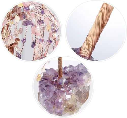 Vista 2 de Nupuyai Árbol de la riqueza de piedra de cristal de alambre de cobre con base de racimo de amatista, hecho a mano, bonsái para la buena suerte, Feng