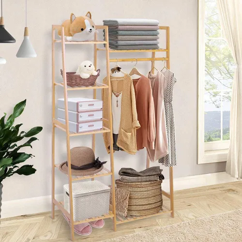 Vista 2 de Ufine Estante de ropa de bambú con estante de almacenamiento Soporte de ropa portátil para dormitorio habitación de invitados