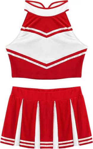 Vista 4 de Disfraz de animadora para mujer, camiseta corta sin mangas con minifalda, uniforme de fiesta musical