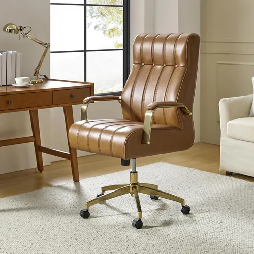 Vista 10 de HULALA HOME Silla de oficina ejecutiva moderna, silla de escritorio ergonómica copetuda de piel sintética con base chapada en oro y reposabrazos