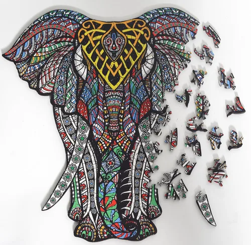 Vista 2 de HARTMAZE Rompecabezas de madera decorativo de elefante HM-06, rompecabezas de tamaño pequeño, 171 piezas de rompecabezas de formas únicas, hermoso