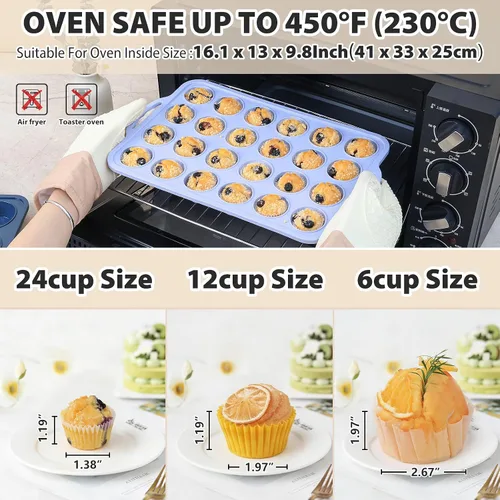 Vista 3 de Mini Molde de Silicona para Muffins con Marco de Metal, Molde de Silicona Antiadherente para Cupcakes con Asas de 24 Tazas, Bandeja de Molde