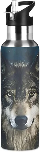 Vista 26 de Botella de Agua de Lobo Tazas de Lobo Botella de Agua Galaxia para Niños Niñas con Tapa de Pajita Lobos Aislada Acero Inoxidable Frasco de Agua a007