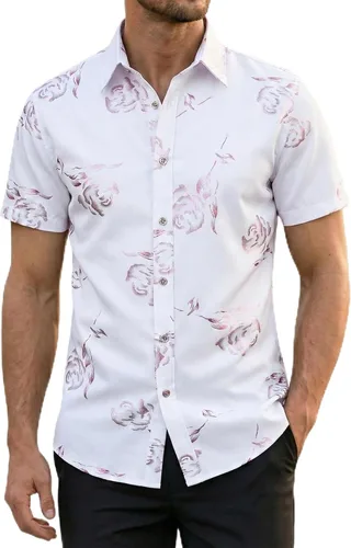 Vista 10 de ZEROYAA - Camisas de vestir de manga corta con estampado de rosa dorada para hombre, estilo hipster, calce ajustado, con botones