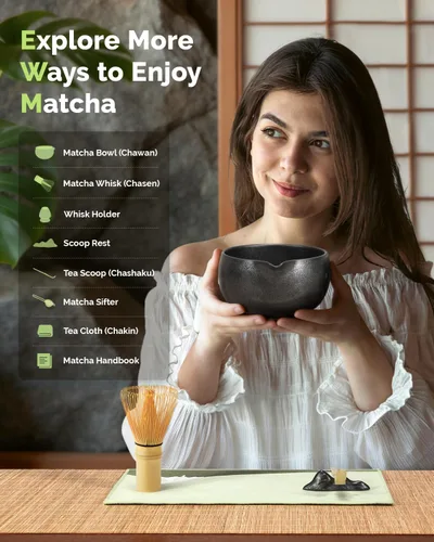 Vista 3 de Maestri House Juego de Batidores de Matcha, Kit Completo de Matcha de 7 Piezas con Cuenco de Cerámica con Boquilla, Batidor y Soporte de Bambú