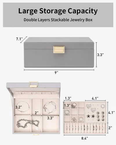 Vista 6 de Vlando - Joyero de 2 capas, joyero organizador grande para mujeres, bandeja de joyería removible para collares, aretes, anillos, pulseras, joyeros
