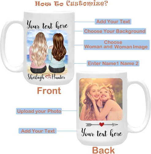 Vista 2 de Taza de café personalizada para mejor amiga para mujer, taza personalizada con imagen, texto, nombre, tazas de la amistad, regalo para mejores