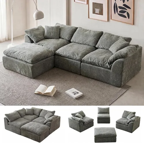 Vista 22 de Sofá modular de nube sin hueso de 110 pulgadas para sala de estar, sofá modular en forma de L de gran tamaño con otomana, sofá seccional de felpilla