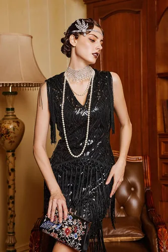 Vista 3 de BABEYOND Vestido de fiesta de los años 1920 con flecos largos de Gatsby con lentejuelas de los años 20s vestido vintage Art Deco