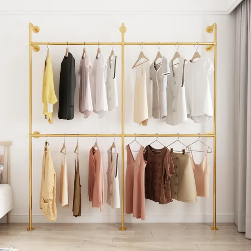Vista 8 de ORSENIGO Perchero industrial de tubería, perchero de ropa de metal resistente con dobles varillas para colgar ropa, perchero de exhibición de ropa