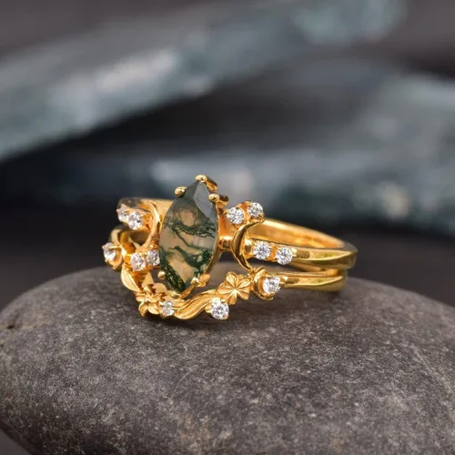Vista 4 de DREAMSOFDAZZLE - Anillo de compromiso para mujer, diseño de luna de mi vida, corte marquesa, ágata musgo, juego de anillos de compromiso de novia