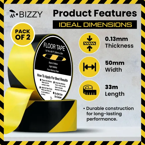 Vista 2 de Bizzy Cinta de seguridad negra y amarilla de 2 pulgadas x 108 pies industrial Cinta de precaución amarilla y negra para piso, cinta de cuidado