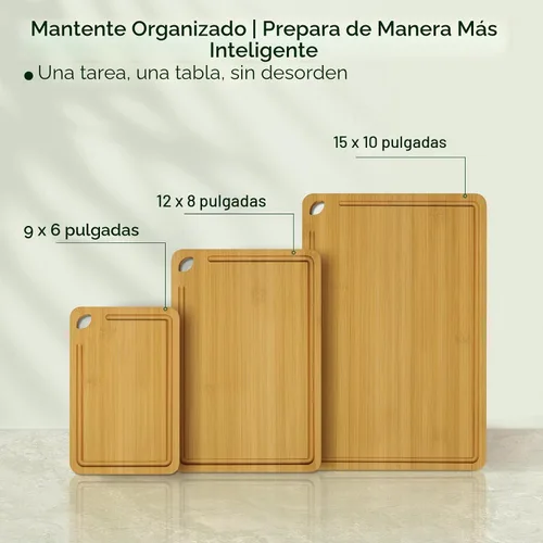 Vista 6 de Keechee Tabla de Cortar de Madera para Cocina - Juego de Regalo de 3 Tablas de Cortar Reversibles de Bambú con Ranura para Jugos, Tabla de Cortar