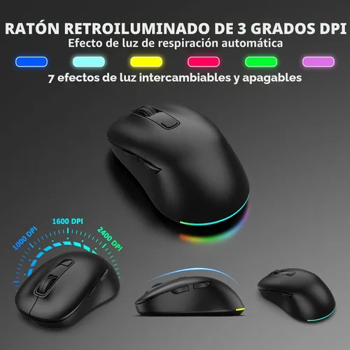 Vista 7 de Combo de teclado y mouse inalámbricos, 9 efectos retroiluminados, teclado retroiluminado recargable de 4000 mAh con reposamuñecas, mouse de 6