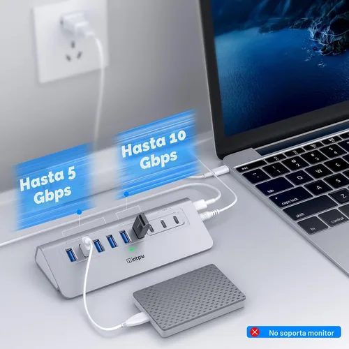 Vista 3 de Concentrador USB alimentado de 10 Gbps, intpw de 9 puertos USB 3.2, concentrador USB C con USB A/USB C 3.2, 4 USB 3.0, 2 puertos de carga PD de 45