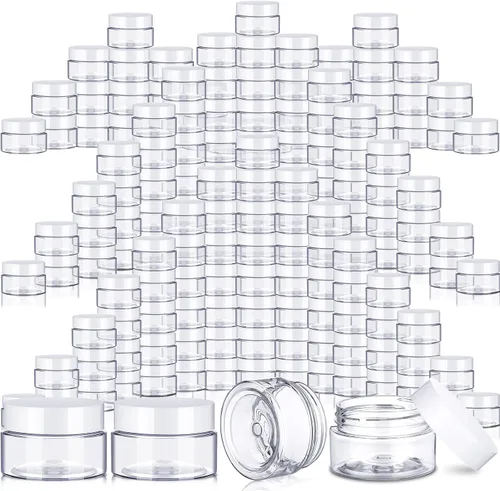 Vista 29 de SATINIOR 100 tarros de plástico con tapas, recipientes pequeños, tapas de boca ancha, pequeños recipientes de plástico para loción, crema, diamantes