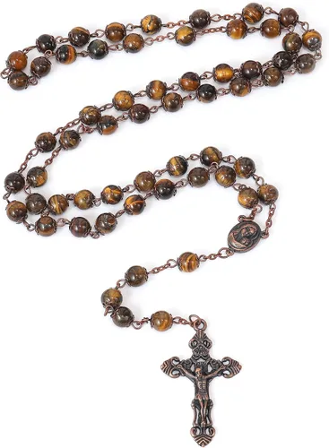 Vista 2 de Nazareth Store Collar de rosario con cuentas de piedra natural, 0.315 in, diseño de cobre antiguo, medalla de suelo sagrado y cruz en bolsa