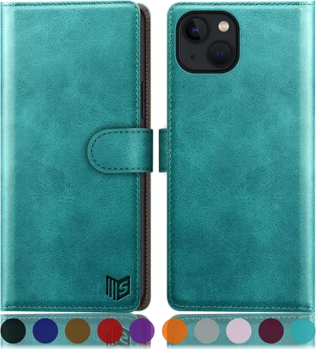 Vista 8 de SUANPOT Funda tipo cartera para iPhone 14 Plus de 6.7 pulgadas con bloqueo RFID, tarjetero de crédito, funda protectora de piel sintética con tapa