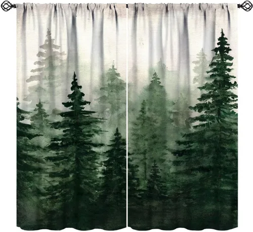 Vista 15 de BAEKJIN Cortinas verdes de bosque brumoso, acuarela, naturaleza, paisaje, plantas, árbol, bolsillo para barra, opacas, tratamiento de ventana