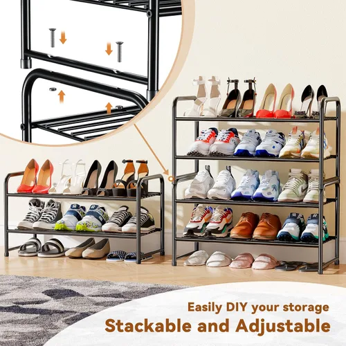 Vista 3 de Zapatero simple de 2 niveles y 27 pulgadas de ancho, estante organizador de zapatos de metal resistente para entrada, puerta delantera, color negro