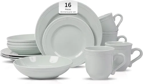 Vista 33 de HomeVss, Vajilla de cerámica Pearl Dots (juego de 16 piezas, gris) juegos de platos y cuencos, juegos de vajilla para 4, vajilla de puntos