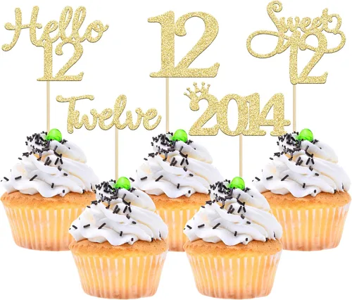 Vista 53 de Gyufise Paquete de 24 adornos negros para cupcakes de 10.º cumpleaños con purpurina negra 10 Ten Hello 10 Dights dobles desde 2015 para decoraciones