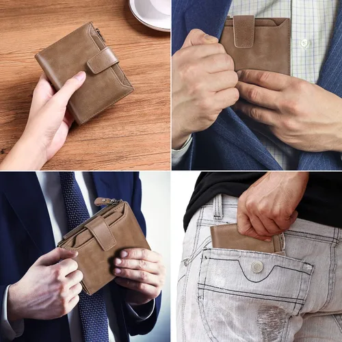 Vista 6 de FALAN MULE Cartera para hombre de piel auténtica suave con bloqueo RFID plegable elegante con bolsillo para monedas con 4 ventanas de identificación