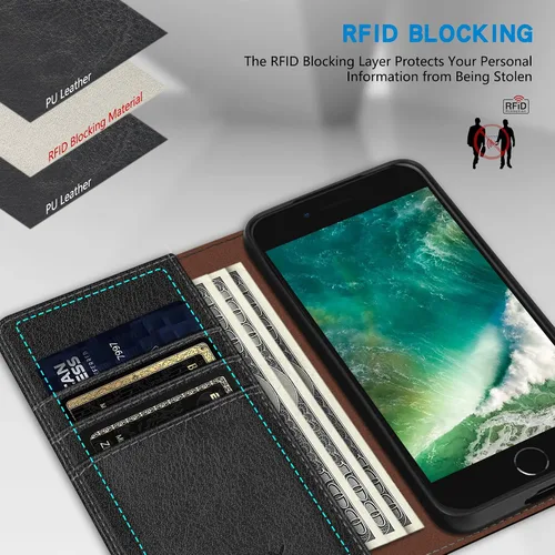 Vista 2 de ZZXX Funda tipo cartera para iPhone 7 Plus con bloqueo RFID, ranura para tarjetas, soporte, funda protectora de cuero magnético fuerte para iPhone 8