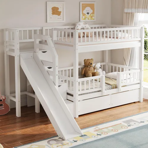 Vista 14 de Cama de Casa Tamaño Twin con Elegantes Ventanas y Estantería, Marco de Litera con Diseño de Castillo de Madera con Barandillas de Seguridad