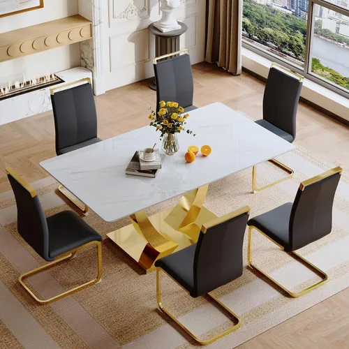 Vista 26 de Juego de mesa de comedor para 4, mesa de comedor de mármol sintético de 63 pulgadas con patas y base de acero inoxidable, sillas acolchadas