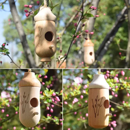 Vista 8 de Casa de colibrí de madera natural, 3 paquetes, casas de colibrí colgantes para exteriores, regalos de jardinería, decoración del hogar