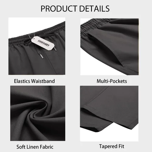 Vista 5 de COOFANDY Pantalones cargo para hombre, ajuste relajado, pantalones de lino recortados, pantalones casuales holgados con bolsillos