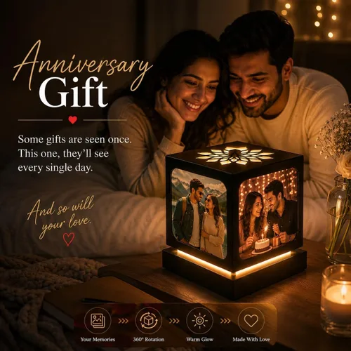 Vista 5 de ZOCI VOCI Marco de fotos LED giratorio personalizado con 4 fotos, regalos de boda personalizados para parejas 2024 (negro mediano)