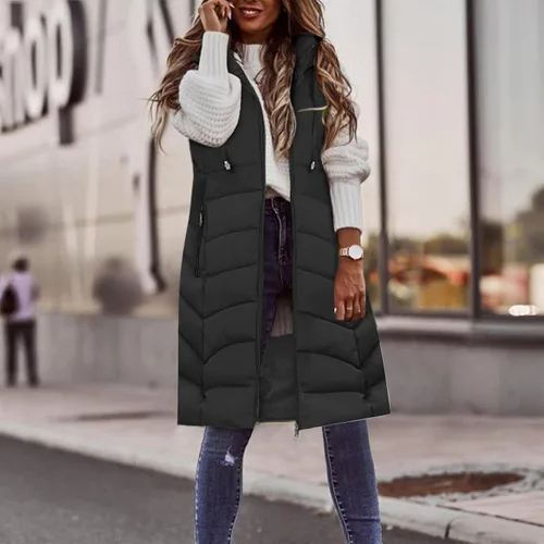 Vista 4 de OSFVNOXV Chaqueta larga acolchada para mujer, abrigo de invierno con cremallera completa, sin mangas, con capucha, cálidos, cortavientos gruesos