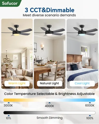 Vista 4 de Sofucor Ventiladores de techo de 42 pulgadas con luces, moderno ventilador de techo negro para dormitorio pequeño con control remoto, cuchillas