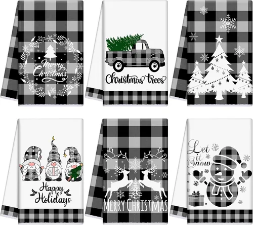 Vista 24 de Sratte 6 piezas de toallas de cocina navideñas, toallas de mano de muñecos de nieve de invierno, toallas absorbentes de árbol de Navidad y renos
