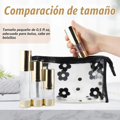 Vista 9 de 4 botellas de plástico transparente sin aire de 0.5 fl oz/0.5 oz con cabeza dorada, vacíos, rellenables, al vacío, cosméticos, almacenamiento