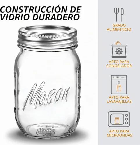 Vista 3 de Tarros Mason de boca regular de 16 onzas con tapas, paquete de 6 Tarros Mason de 16 oz - 6 piezas