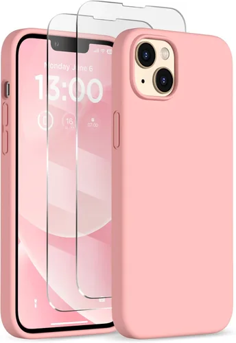 Vista 28 de Funda delgada para iPhone 13 de 6.1 pulgadas, silicona líquida a prueba de golpes, con forro de microfibra suave antiarañazos, 2 protectores