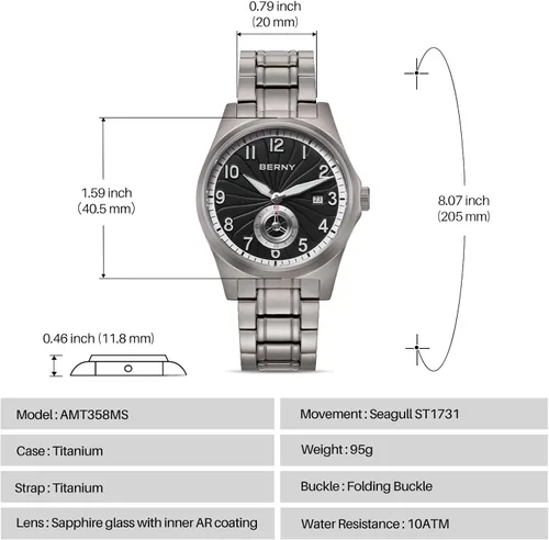 Vista 6 de BERNY Reloj automático de titanio para hombre, relojes de pulsera clásicos de titanio completo