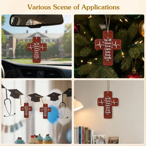 Vista 6 de FLYAB Regalos de enfermera para mujer, adorno de cruz Not All Heroes Wear Capes Some Wear Scrubs de madera y acrílico, decoración de árbol