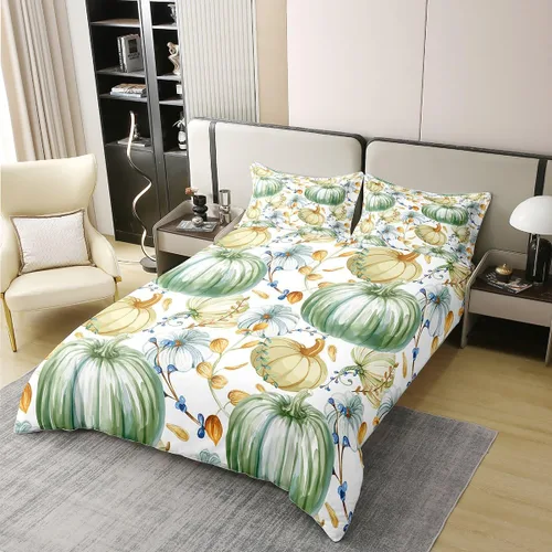 Vista 2 de Juego de funda de edredón de calabaza de otoño 100 % algodón, juego de ropa de cama de cosecha de Acción de Gracias para niños, niñas, adolescentes
