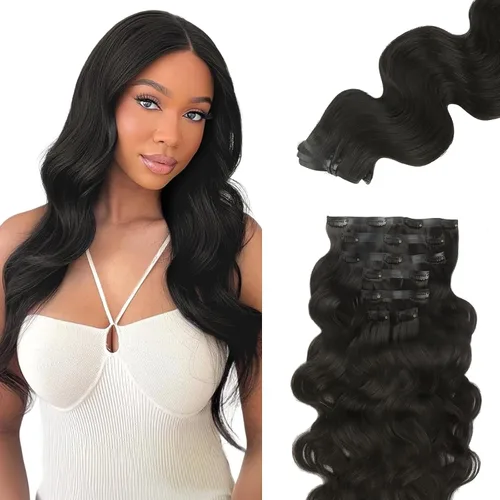 Vista 22 de Lashey Extensiones de cabello humano con clip, sin costuras, #1, color negro azabache, extensiones de cabello humano real, extensiones de cabello