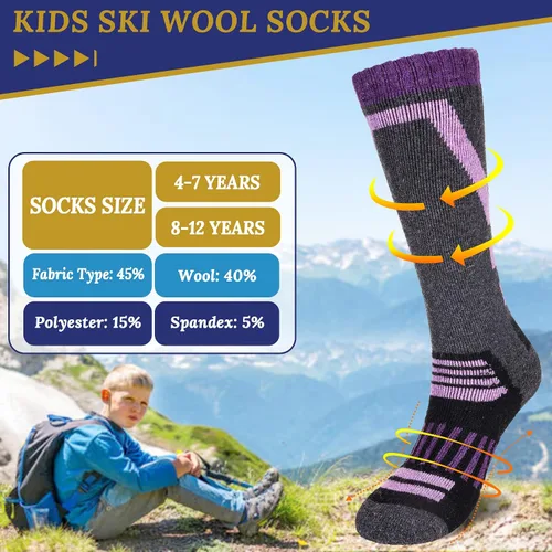 Vista 5 de Calcetines de esquí para niños, de lana merina, cálidos, térmicos, para senderismo, snowboard, hasta la rodilla, calcetines para botas para niños