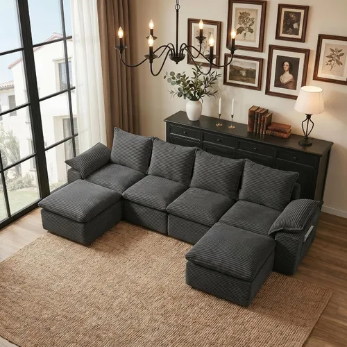 Vista 9 de Sofá en forma de L de 108 pulgadas para sala de estar, sofá convertible en forma de L sin hueso con otomana, sofá comprimido de 3 plazas, sofá