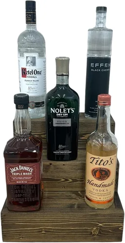Vista 14 de Estantería de exhibición escalonada hecha a mano, exhibición de barra de tres niveles, organizador de barra, exhibición de botellas de licor